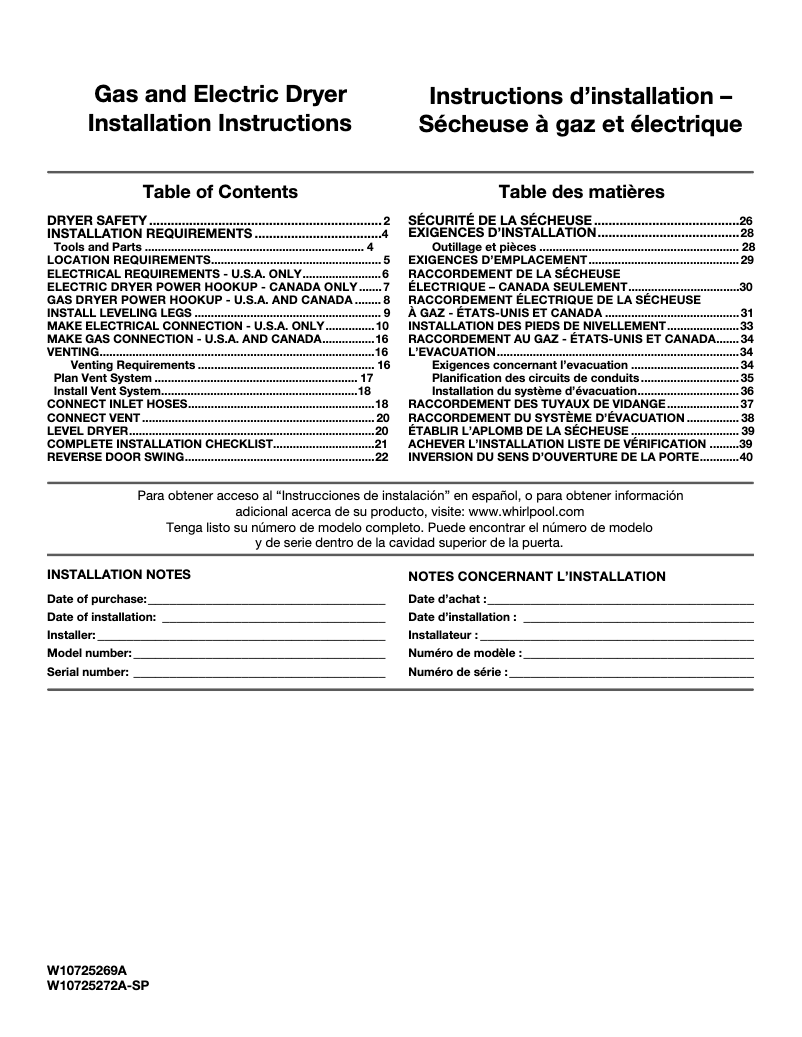 Page n°1 - Guide d'installation Whirlpool WGD8000D