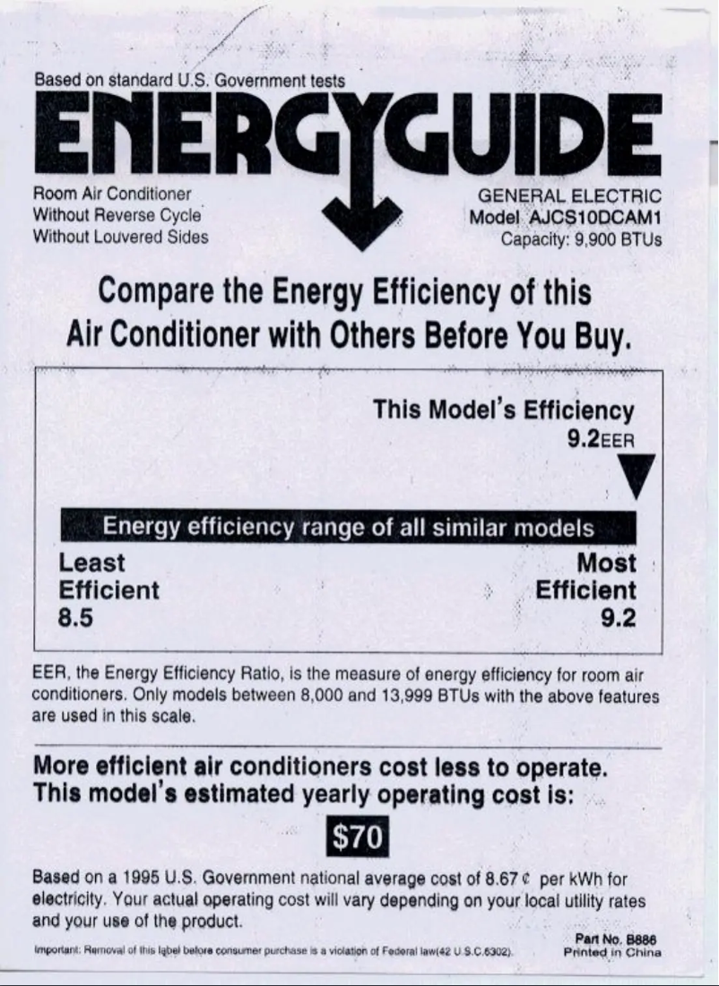 Page 1 de la notice Label énergétique GE AJCS10DCA