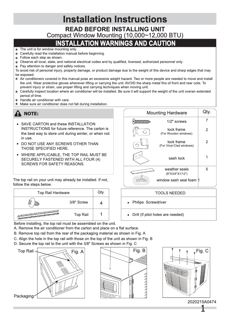 Page 1 de la notice Guide d'installation Frigidaire FRA105BU1