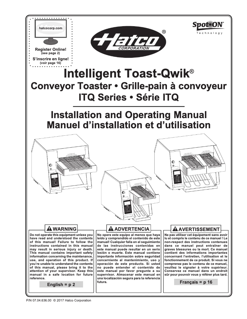 Page 1 de la notice Manuel utilisateur Hatco Intelligent Toast-Qwik ITQ-875-1C