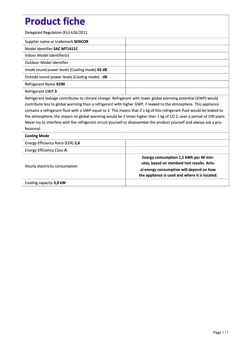Page 1 de la notice Fiche technique Sencor SAC MT1411C