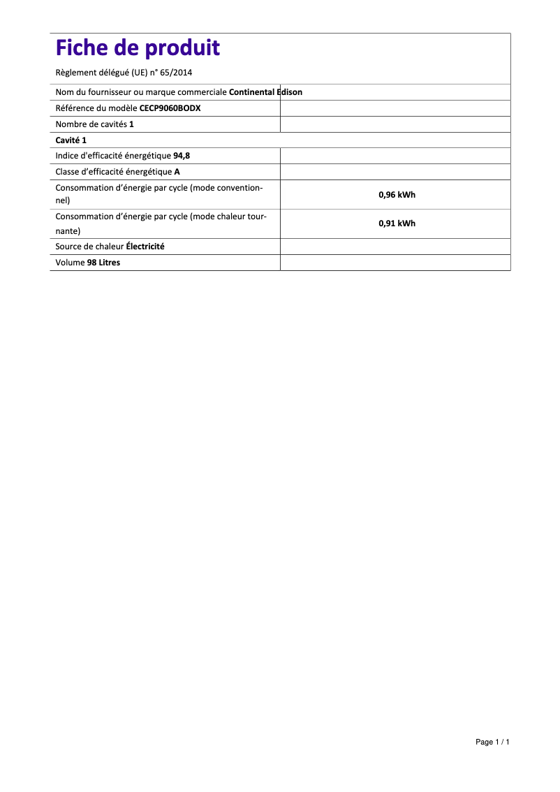 Página 1 del manual Etiqueta energética Continental Edison CECP9060BODX