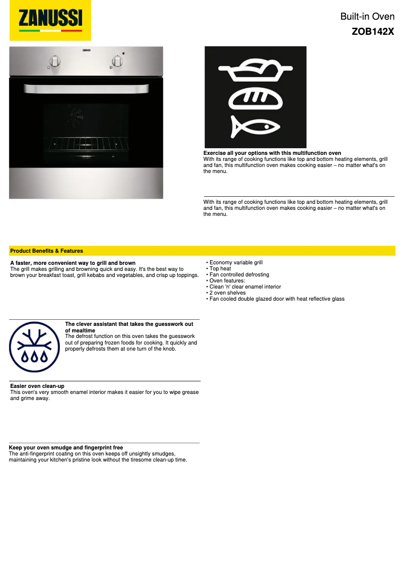 Page 1 de la notice Fiche technique Zanussi ZOB142X