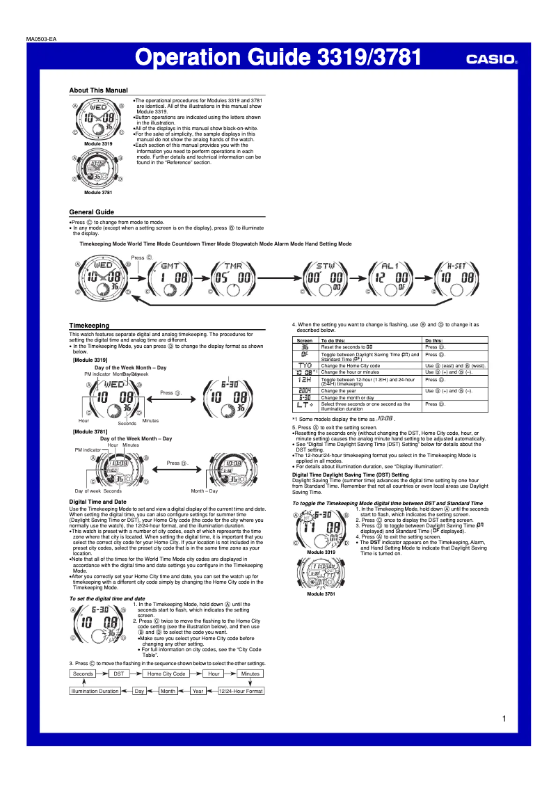 Page 1 de la notice Manuel utilisateur Casio AQ-160W-1BVDF