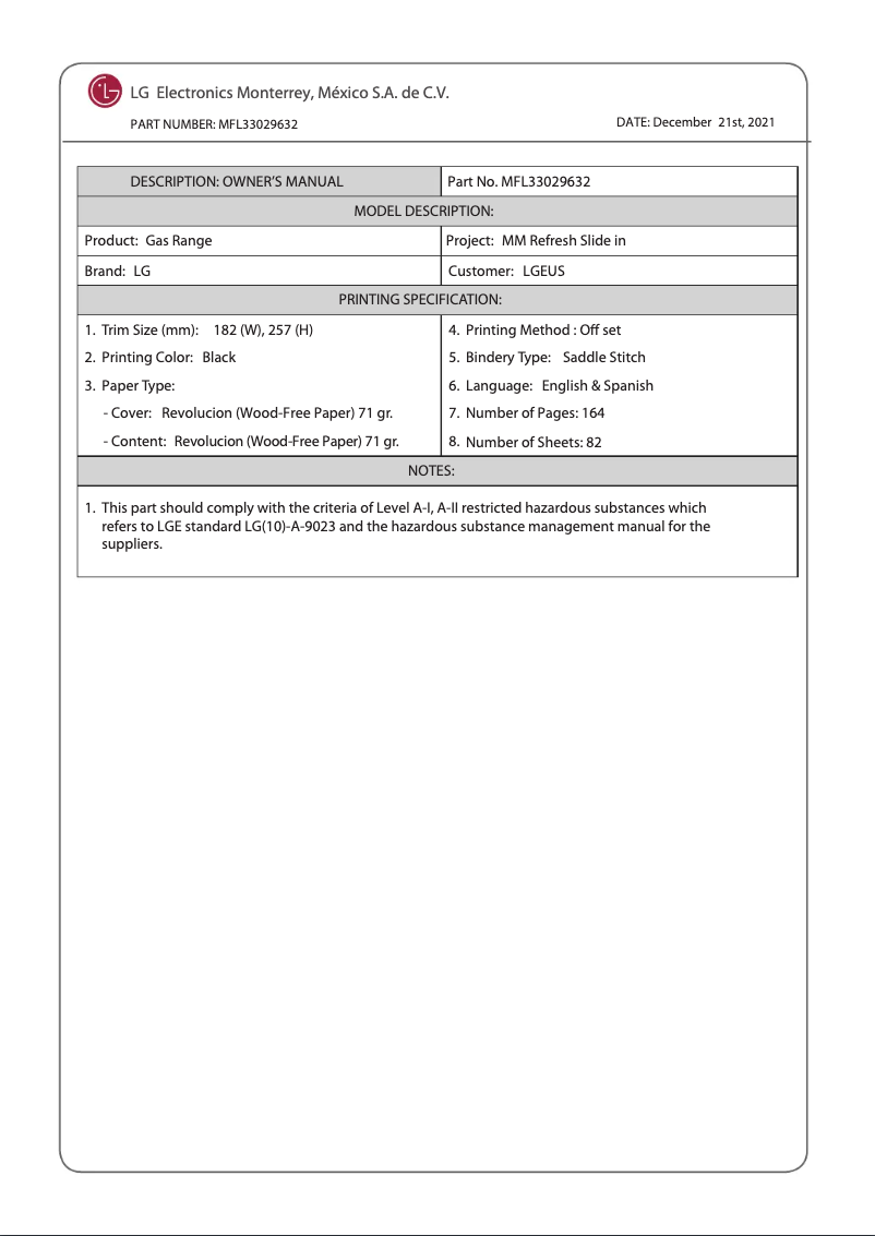 Page 1 de la notice Manuel utilisateur LG LSGL5831F