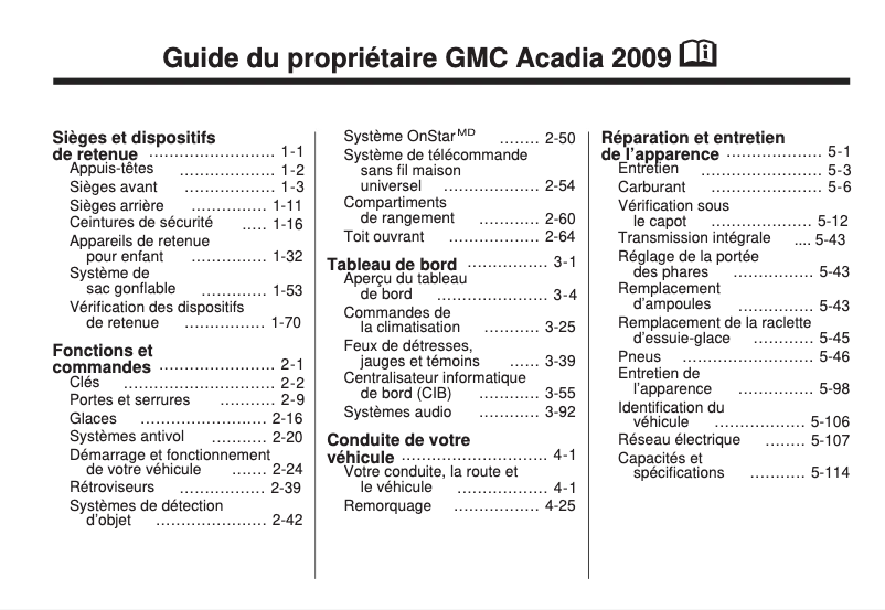 Page 1 de la notice Manuel utilisateur GMC Acadia (2009)