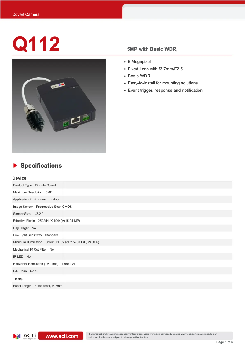 Page 1 de la notice Fiche technique ACTi Q112