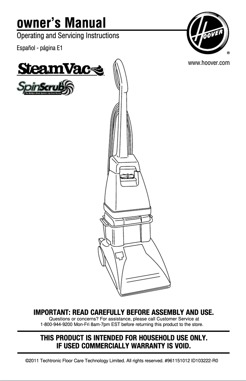Page 1 de la notice Manuel utilisateur Hoover SteamVac TurboPower