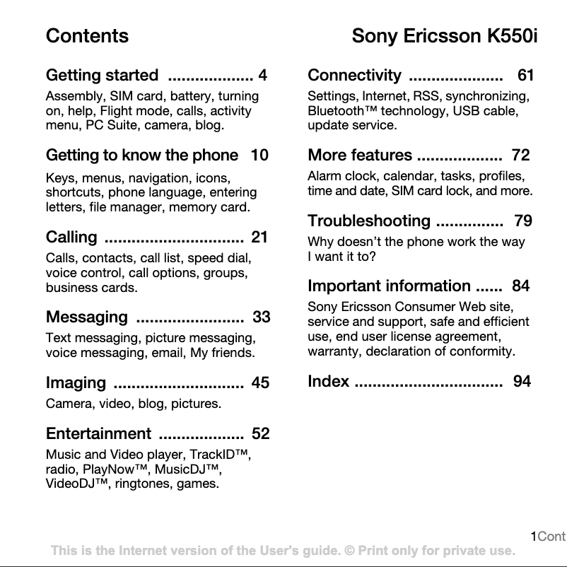 Page 1 de la notice Manuel utilisateur Sony Ericsson K550