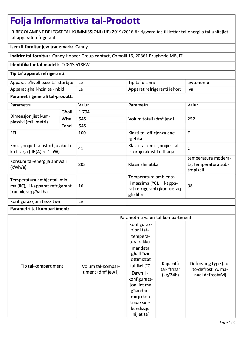 Page n°1 - Fiche technique Candy CCG1S 518EW