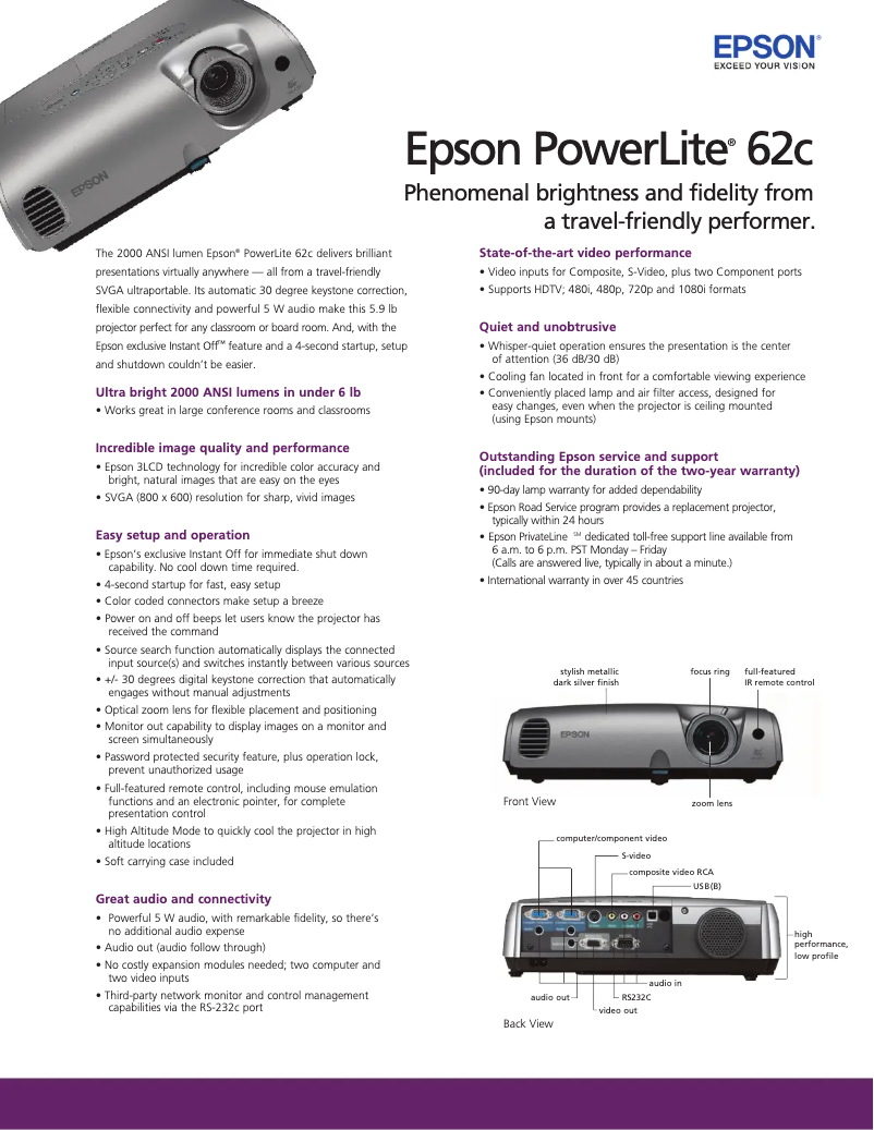 Page 1 de la notice Brochure Epson PowerLite 62c