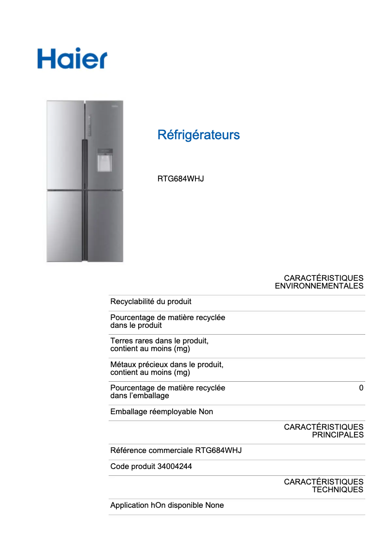 Page n°1 - Manuel utilisateur Haier RTG684WHJ