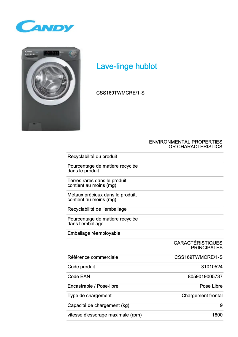 Page 1 de la notice Fiche technique Candy CSS169TWMCRE/1-S
