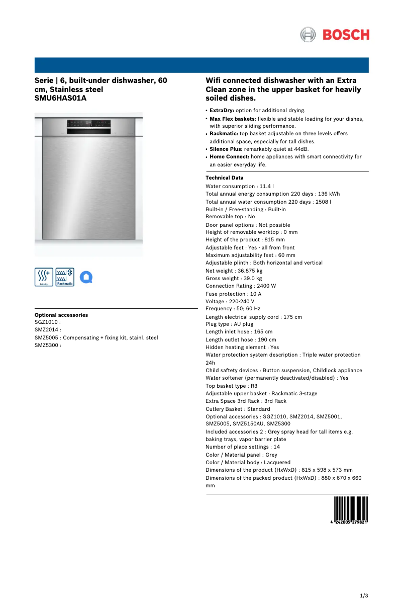Page 1 de la notice Fiche technique Bosch SMU6HAS01A