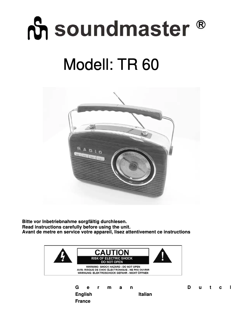 Page 1 de la notice Manuel utilisateur Soundmaster TR60