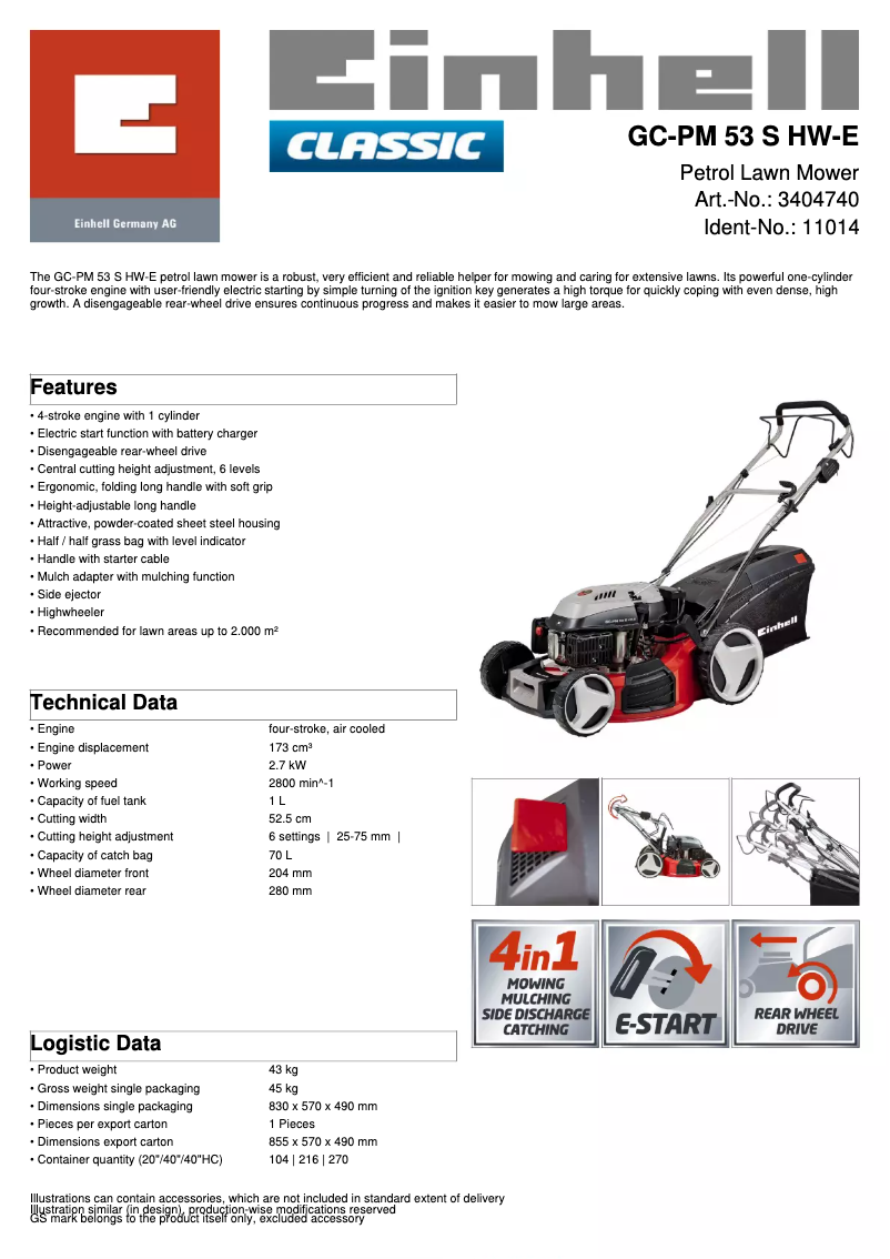 Page 1 de la notice Fiche technique Einhell GC-PM 53 S HW-E