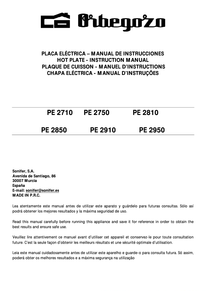 Página 1 del manual Manual de usuario Orbegozo PE 2910