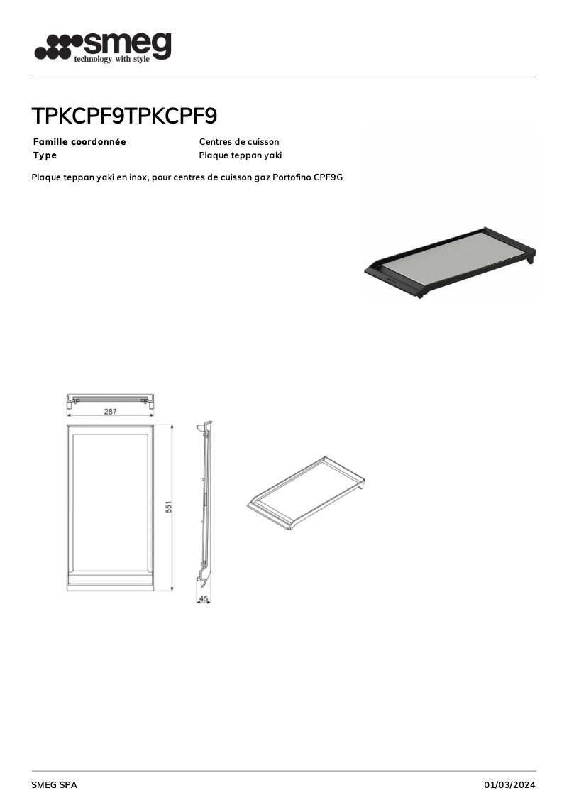 Page 1 de la notice Fiche technique Smeg TPKCPF9