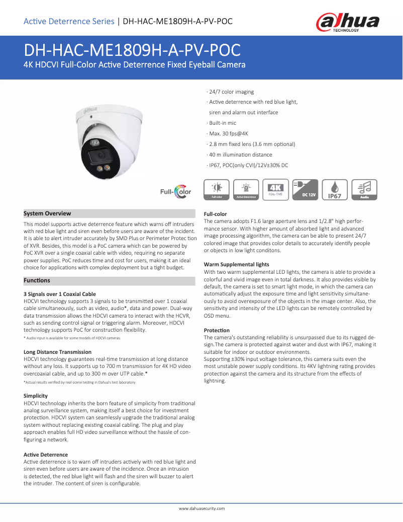 Page n°1 - Fiche technique Dahua Technology HAC-ME1809H-A-PV-POC