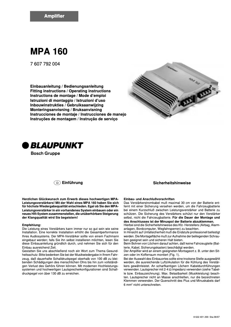 Page 1 de la notice Manuel utilisateur Blaupunkt MPA 160
