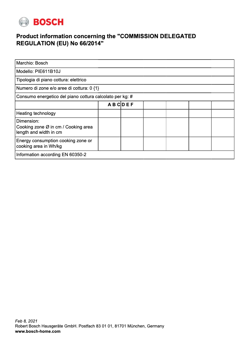 Page 1 de la notice Fiche technique Bosch PIE611B10J
