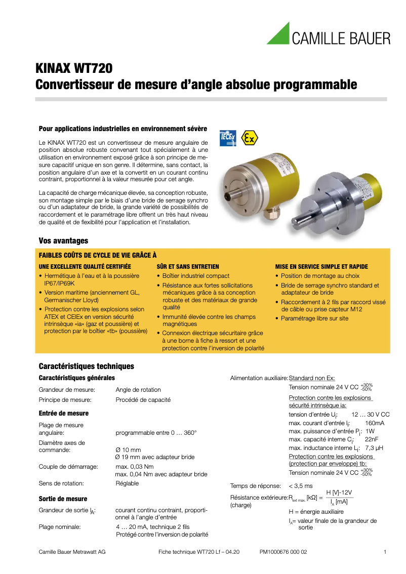 Page 1 de la notice Fiche technique Camille Bauer KINAX WT720