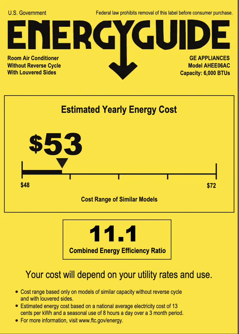 Page 1 de la notice Label énergétique GE AHEE06AC
