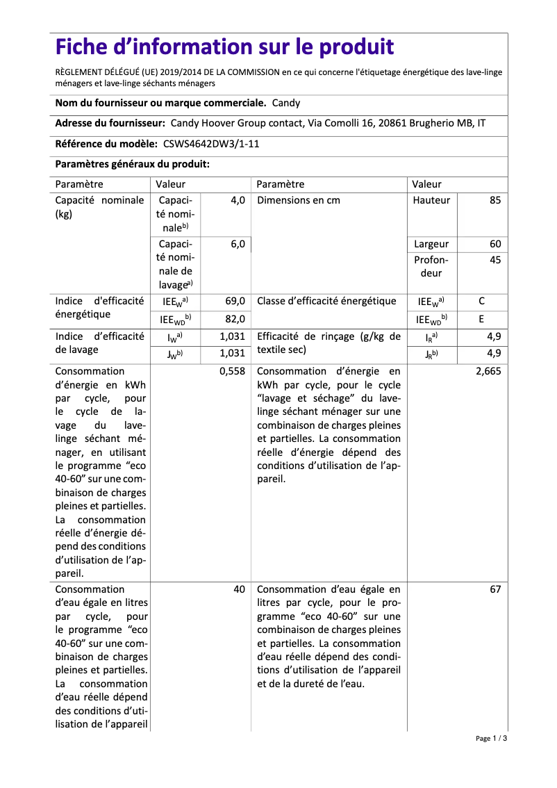 Page n°1 - Manuel utilisateur Candy CSWS4642DW3/1-11