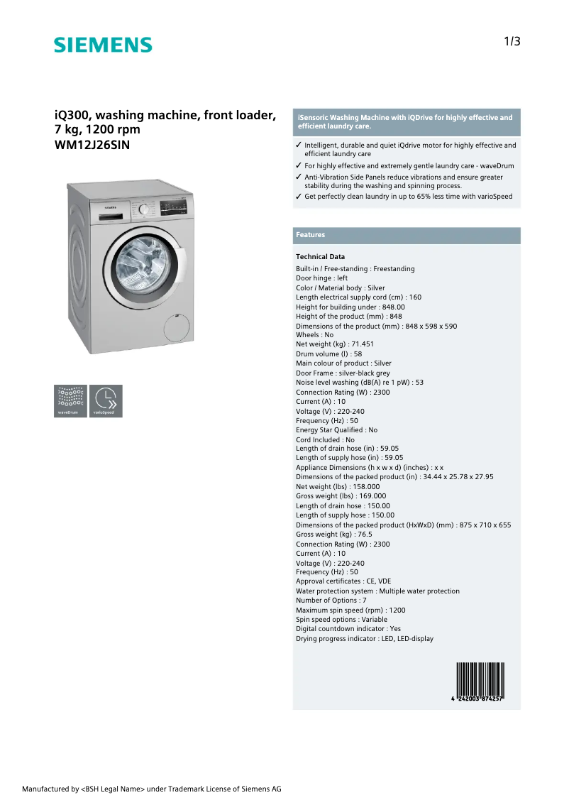 Page 1 de la notice Fiche technique Siemens WM12J26SIN