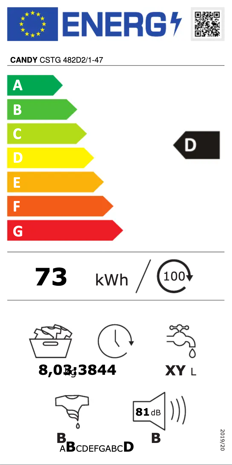 Page n°1 - Label énergétique Candy CSTG 482D2/1-47