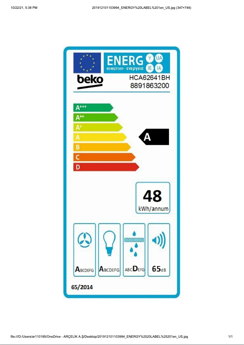 Page n°1 - Label énergétique Beko HCA62641BH