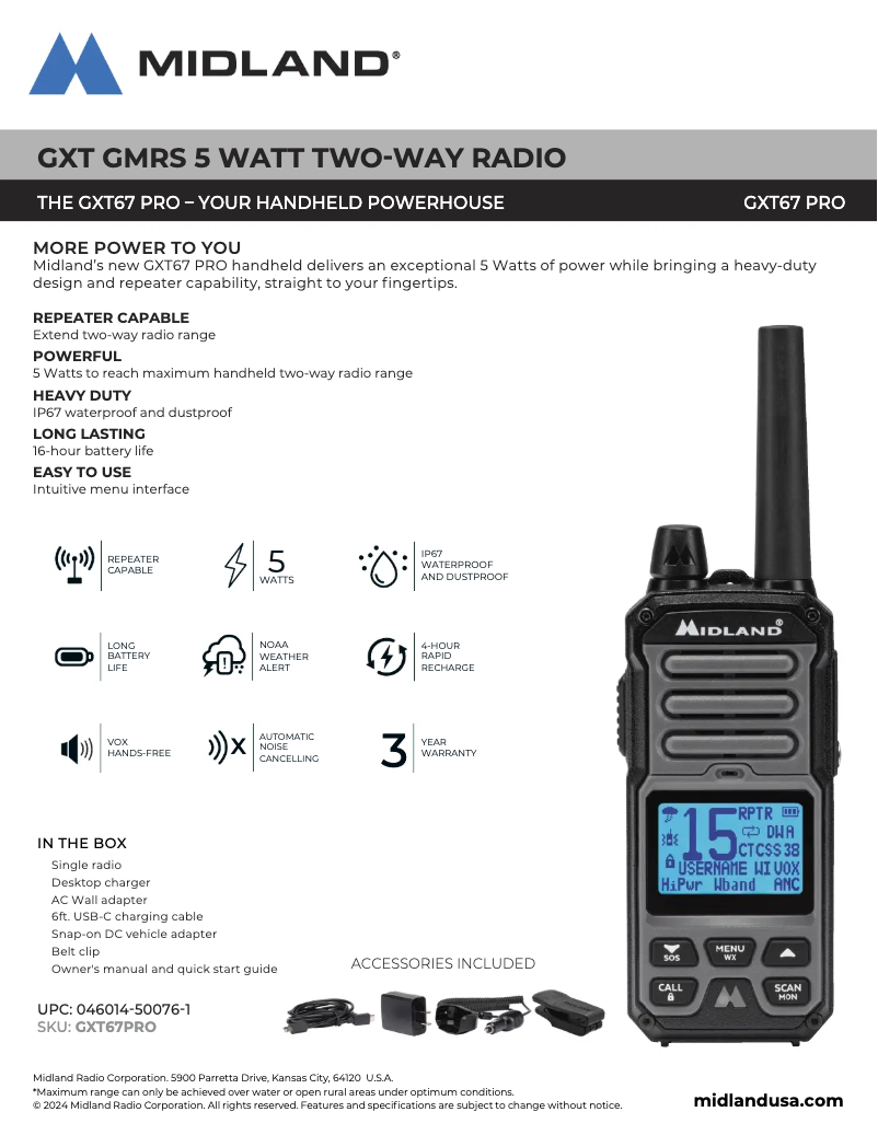 Página 1 del manual Ficha técnica Midland GXT67 PRO