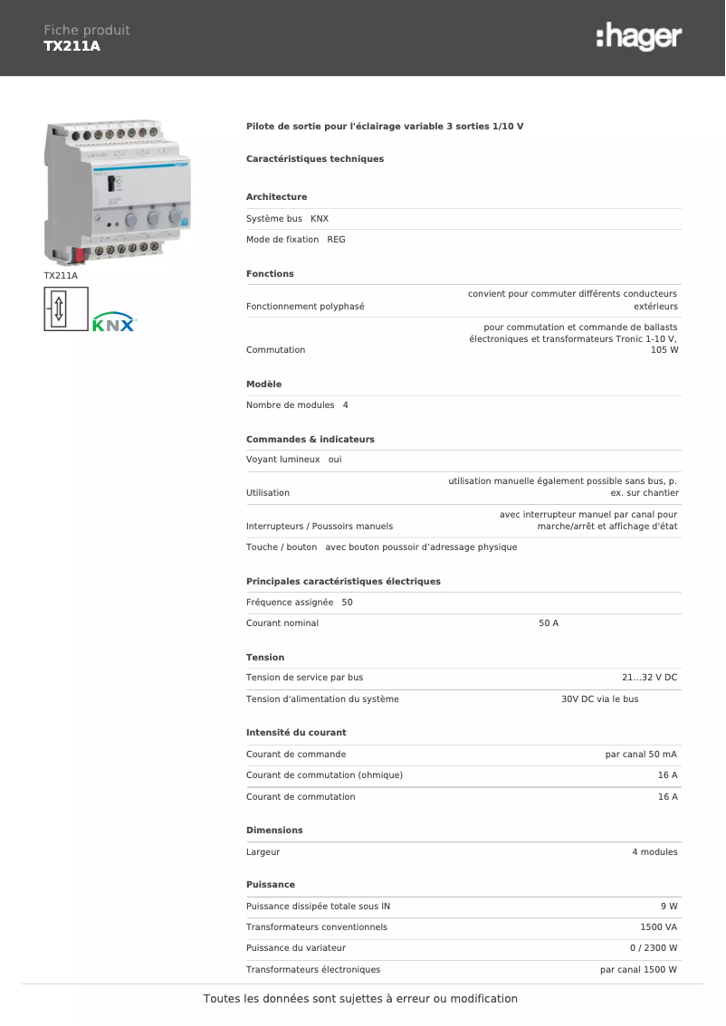 Page 1 de la notice Fiche technique Hager TX211A