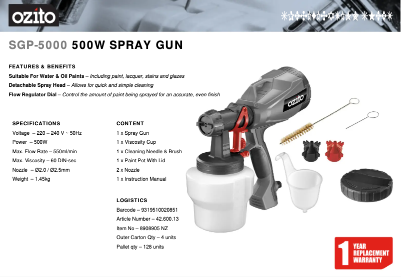 Página 1 del manual Ficha técnica Ozito SGP-300