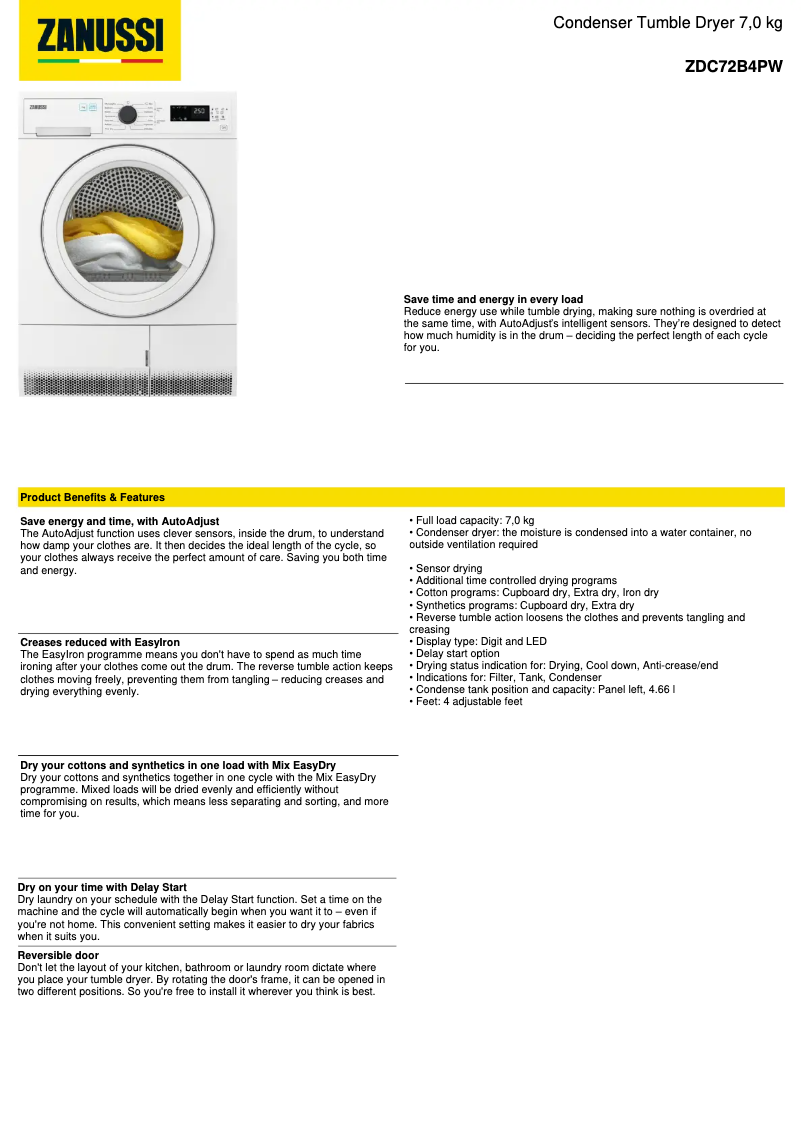 Page n°1 - Fiche technique Zanussi ZDC72B4PW