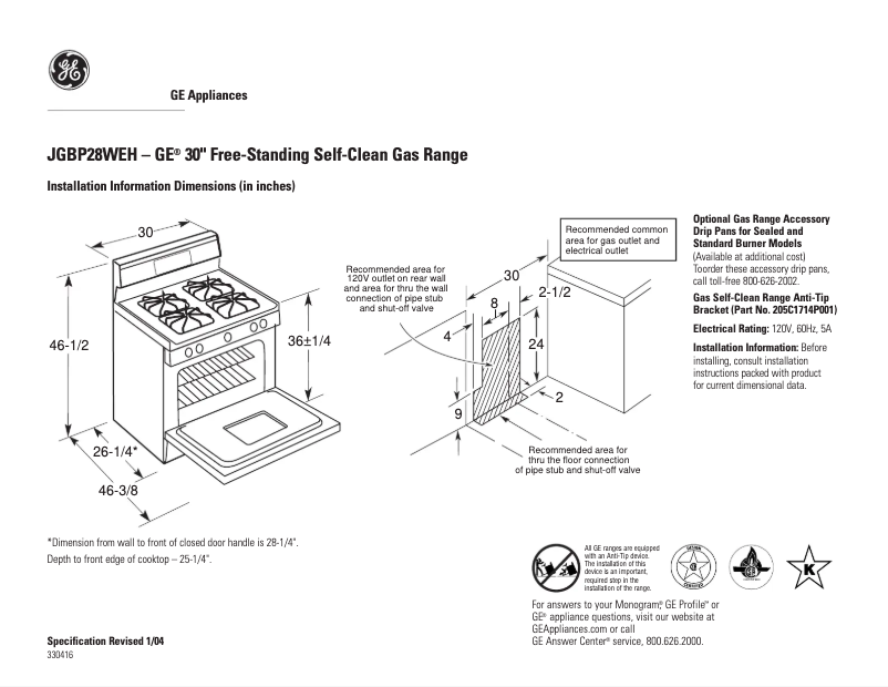 Page 1 de la notice Fiche technique GE JGBP28WEHWW