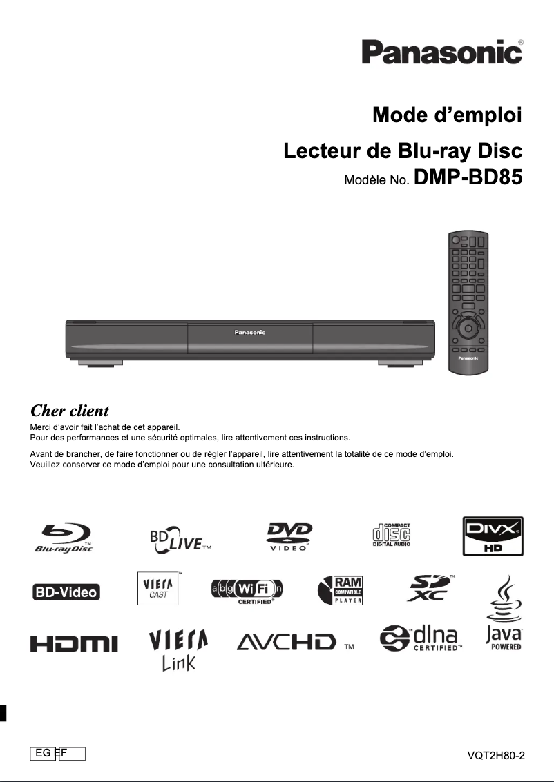 Page 1 de la notice Manuel utilisateur Panasonic DMP-BD85