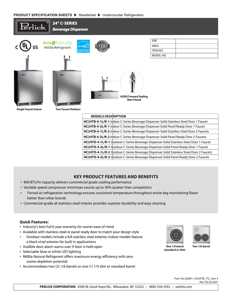 Página 1 del manual Ficha técnica Perlick HC24TB-4-1R-1