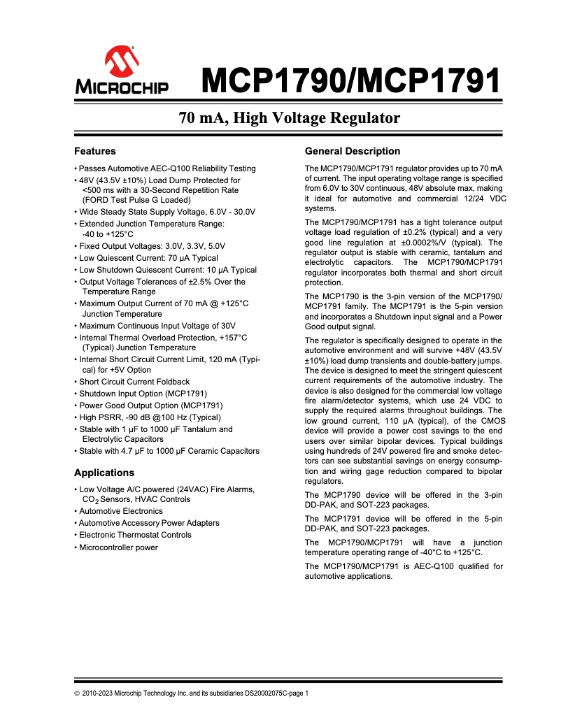 Página 1 del manual Ficha técnica Microchip MCP1790