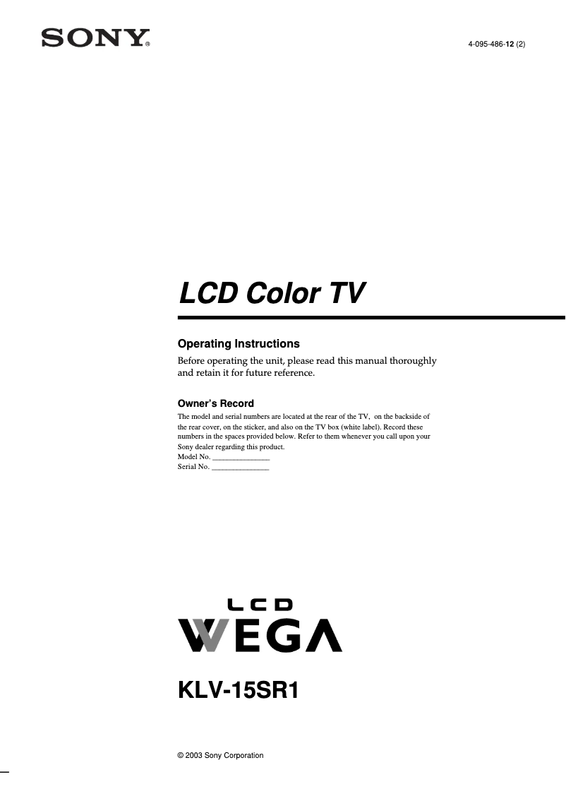 Image de la première page du manuel de l'appareil Wega KLV-155SR1