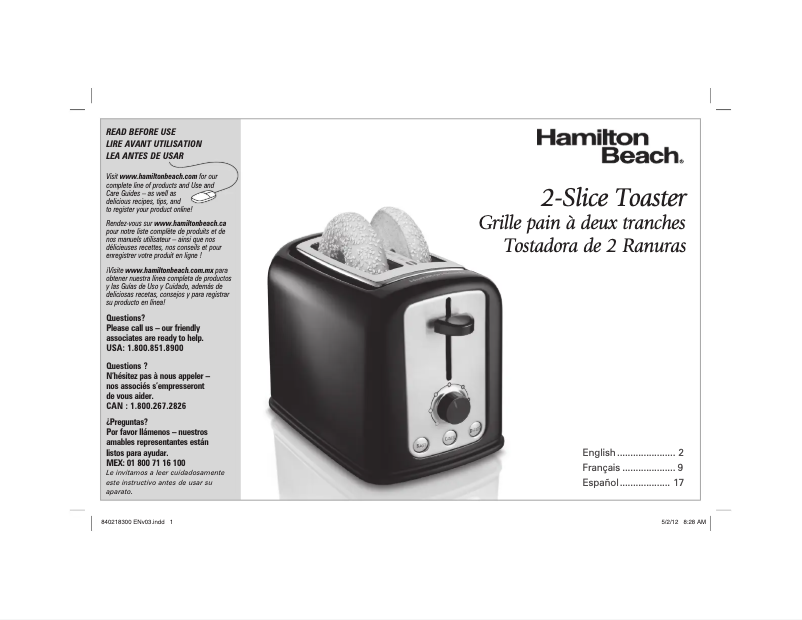 Page 1 de la notice Manuel utilisateur Hamilton Beach Cool-Touch 22464