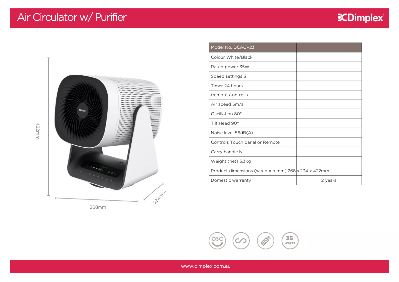 Page 1 de la notice Fiche technique Dimplex DCACP23