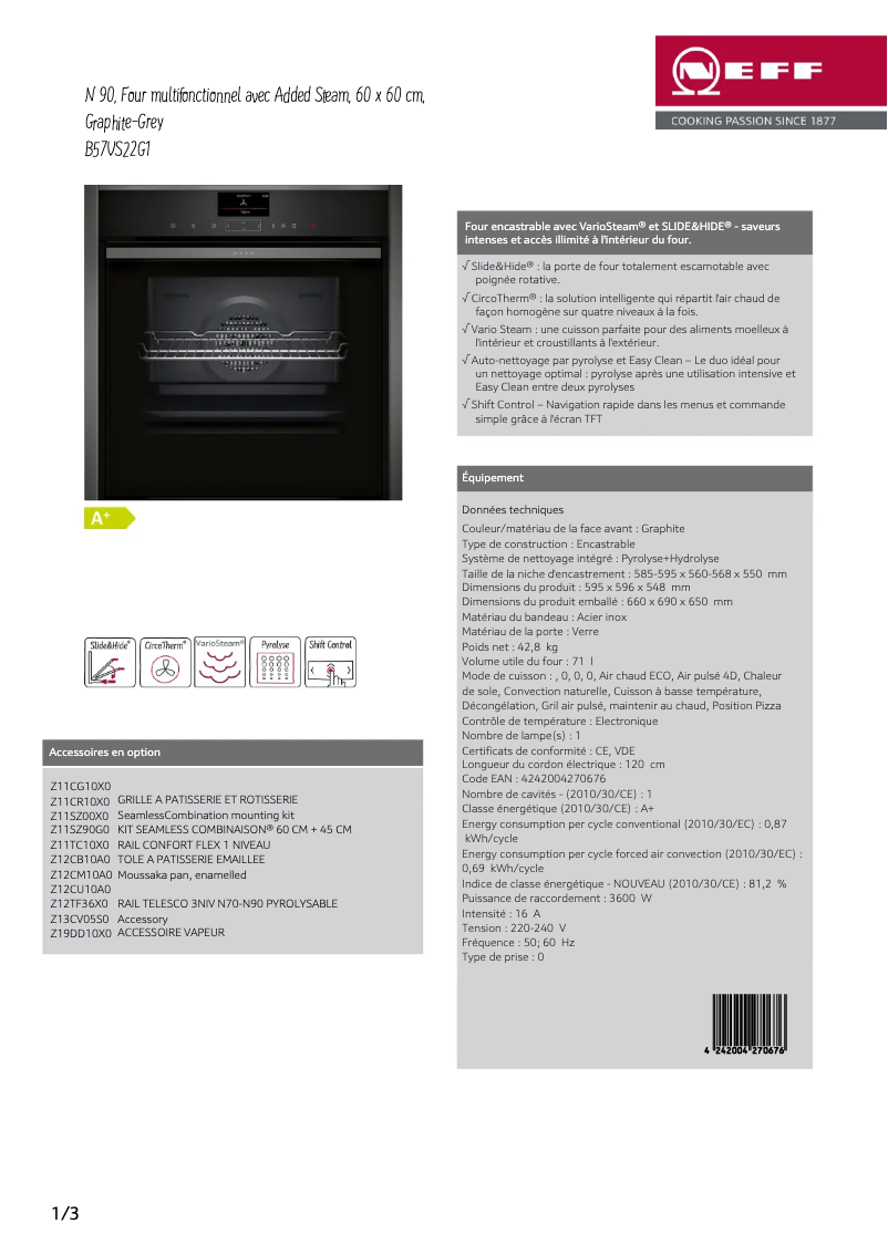 Page 1 de la notice Fiche technique Neff B57VS22G1