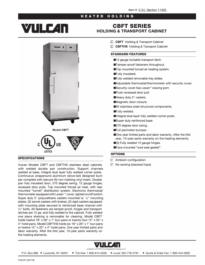 Page 1 de la notice Fiche technique Vulcan CBFT