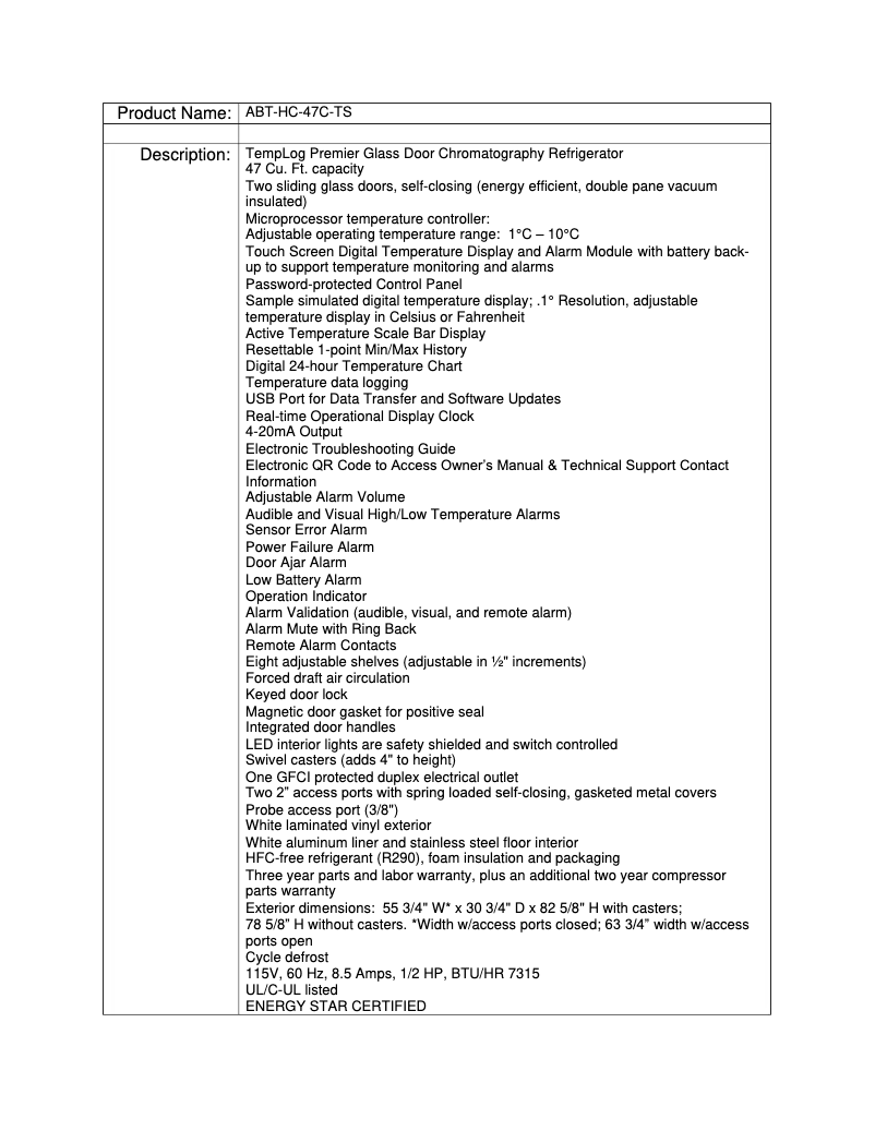 Page 1 de la notice Manuel utilisateur American BioTech Supply ABT-HC-47C-TS