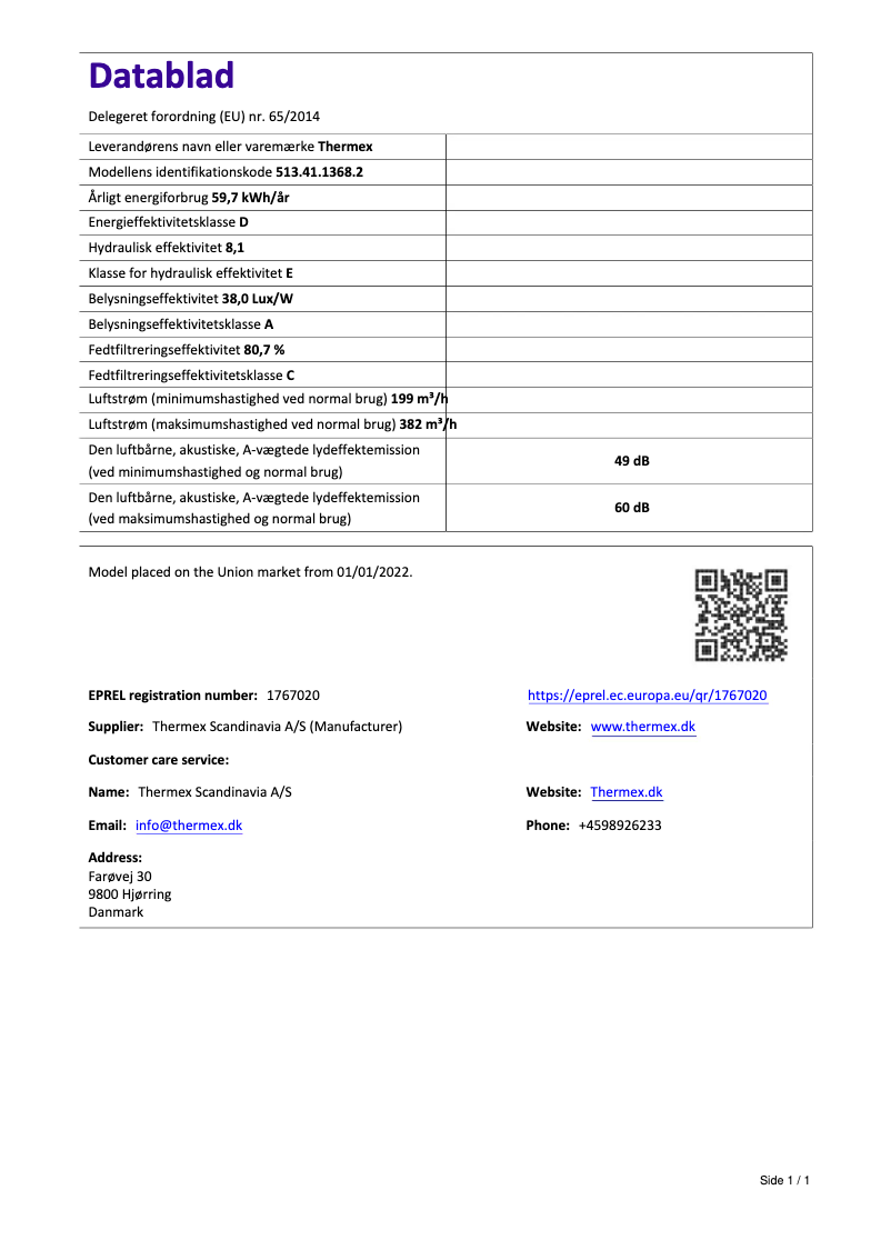 Page 1 de la notice Fiche technique Thermex TFM 452