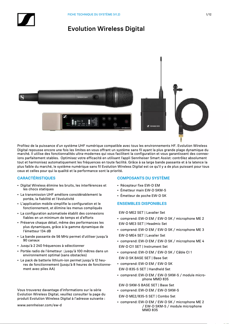 Page 1 de la notice Fiche technique Sennheiser Evolution Wireless Digital