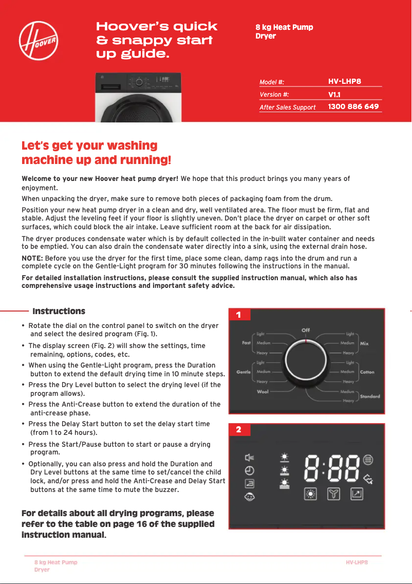 Page n°1 - Guide de démarrage rapide Hoover HV-LHP8