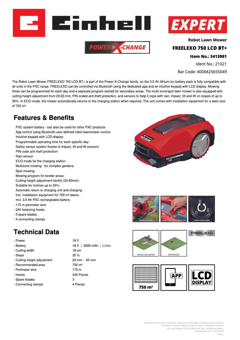 Page 1 de la notice Fiche technique Einhell FREELEXO 750 LCD BT+