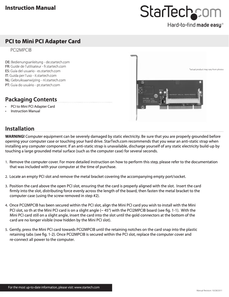 Page 1 de la notice Manuel utilisateur StarTech.com PCI2MPCIB